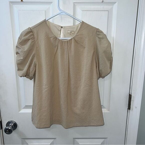 Hayden Girls Seersucker Puff Sleeve Top in  beige w keyhole closure sz XL - Picture 8 of 12